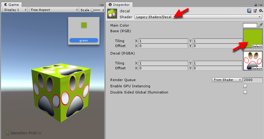 Der Legacy-Decal-Shader schneidet das Bild richtig aus, wenn die Hintergrundfarbe nicht über die Main Color eingestellt, sondern als Bild in Base (RGB) gelegt wird.