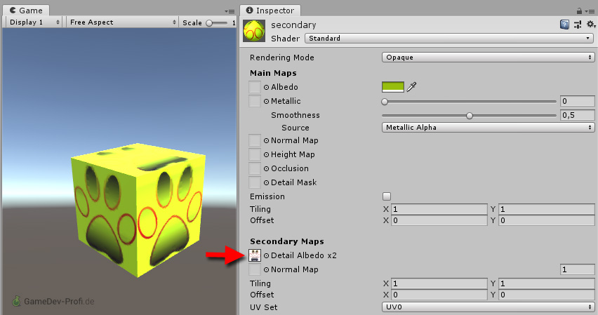 Das Aufbringen der Textur als Secondary Map bewirkt zwar einen Überlagerungseffekt, der aber auch zu einer Verfärbung führt.