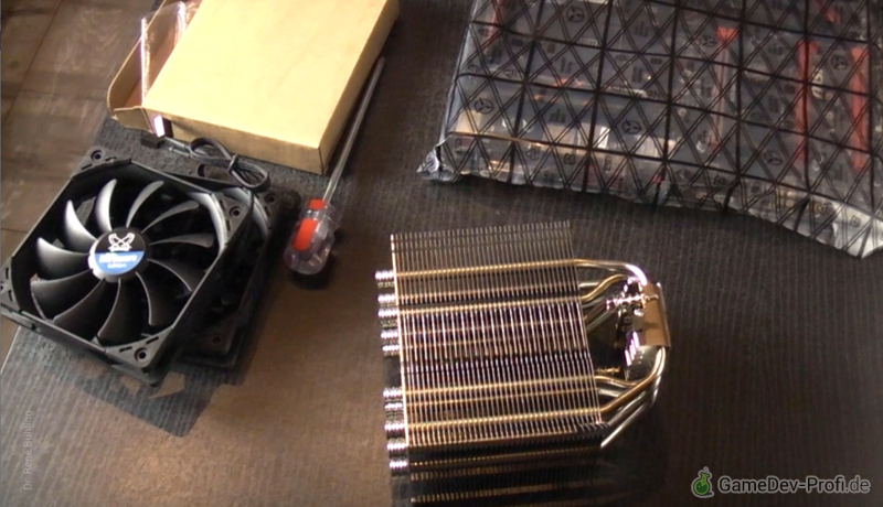 CPU-Kühlmodul mit großem Kühlblock und zwei Ventilatoren.