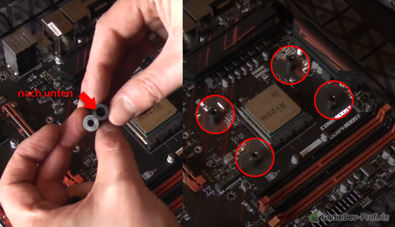 Abstandhalter auf die Sockelbohrlöcher setzen, das größere Loch nach unten.