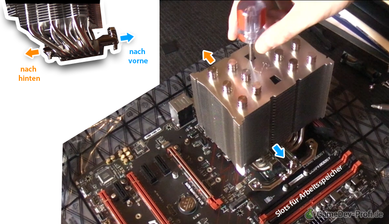 Aufsetzen und festschrauben des Kühlerblocks auf dem Prozessor, so ausgerichtet, dass die wuchtige Seite des Blocks den freien Platz nach hinten nutzt (und nicht über die Arbeitsspeicherslots ragt). 