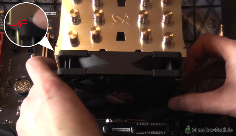 Einsetzen der Ventilatoren in die Aussparungen des Lamellenblocks.