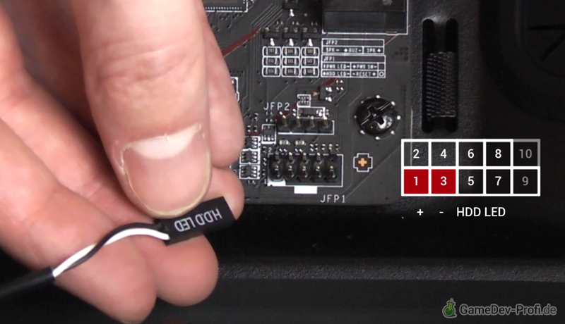 HDD LED (Festplattenaktivitätsanzeige) anschließen.