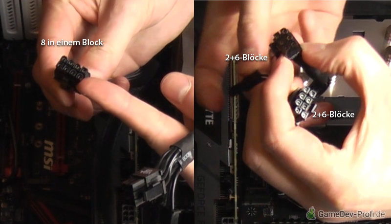 Das Stromkabel für die Grafikkarte ist mit VGA beschriftet und hat an einem Ende einen Stecker für 8 Pins und am anderen Ende jeweils zwei Stecker für jeweils einen 2er und einen 6er-Pin.