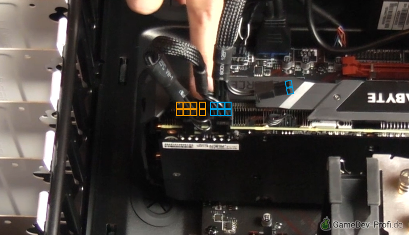 Anschließen der Grafikkarte mit den 2+6-Steckern.