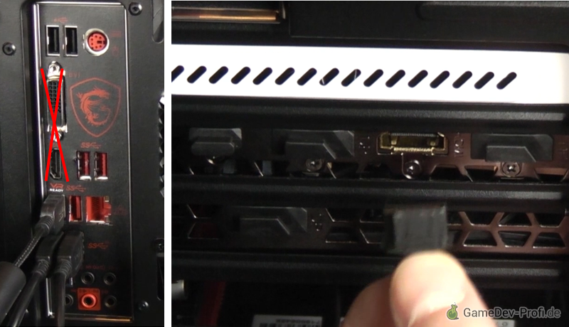 Den Monitor an den Ausgängen der Grafikkarte anschließen, die Grafik-Ausgänge des Boards funktionieren nicht.