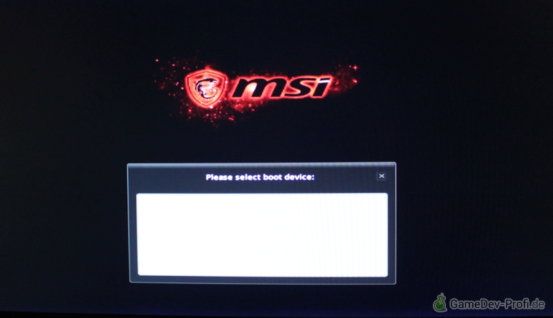 Wird sofort beim Start des Rechners F11 gedrückt, öffnet sich das Menü zur Auswahl des Startgeräts. In der Liste dann das USB-Laufwerk mit dem Windows-Stick auswählen.