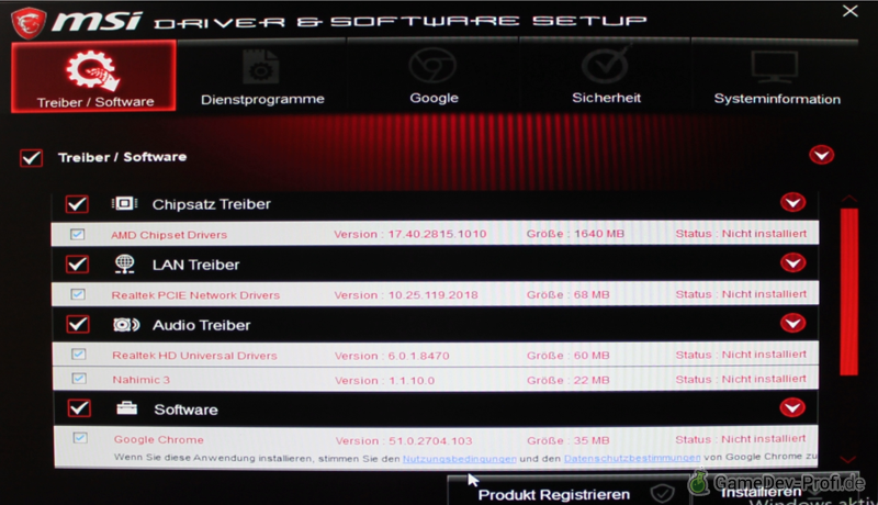 Treiber-Installation des Boards. Während die Treiber wichtig sind, sollten die Programme im Abschnitt "Software" durchgesehen und nur bei Bedarf ausgewählt werden.