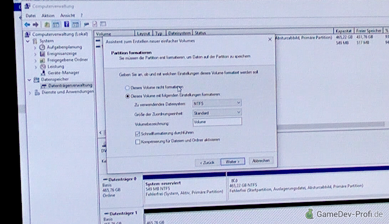 Optionen zur Formatierung der Datenfestplatte.