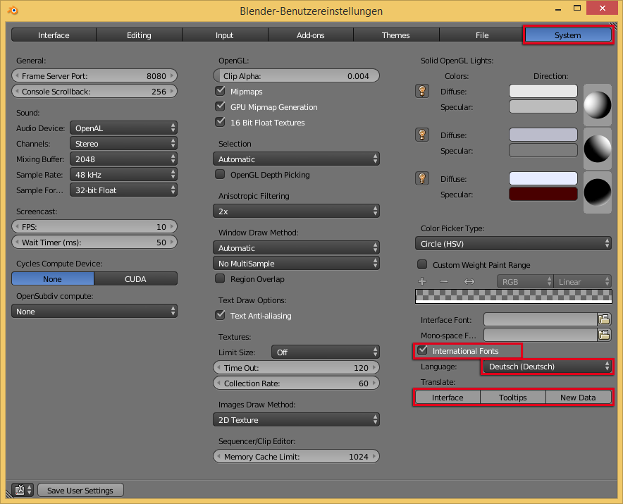 Deutsche Übersetzung für Blender aktivieren